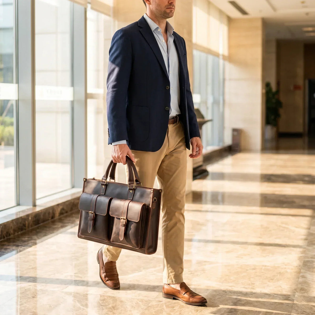 Men’s Leather Laptop Briefcase - Buckled Front Pockets Zip Top