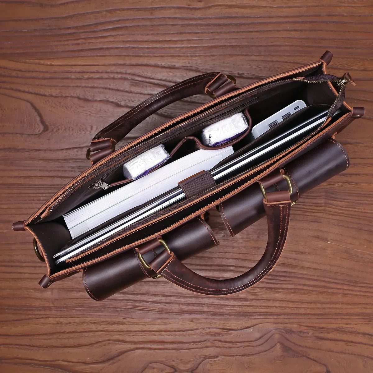 Men’s Leather Laptop Briefcase - Buckled Front Pockets Zip Top