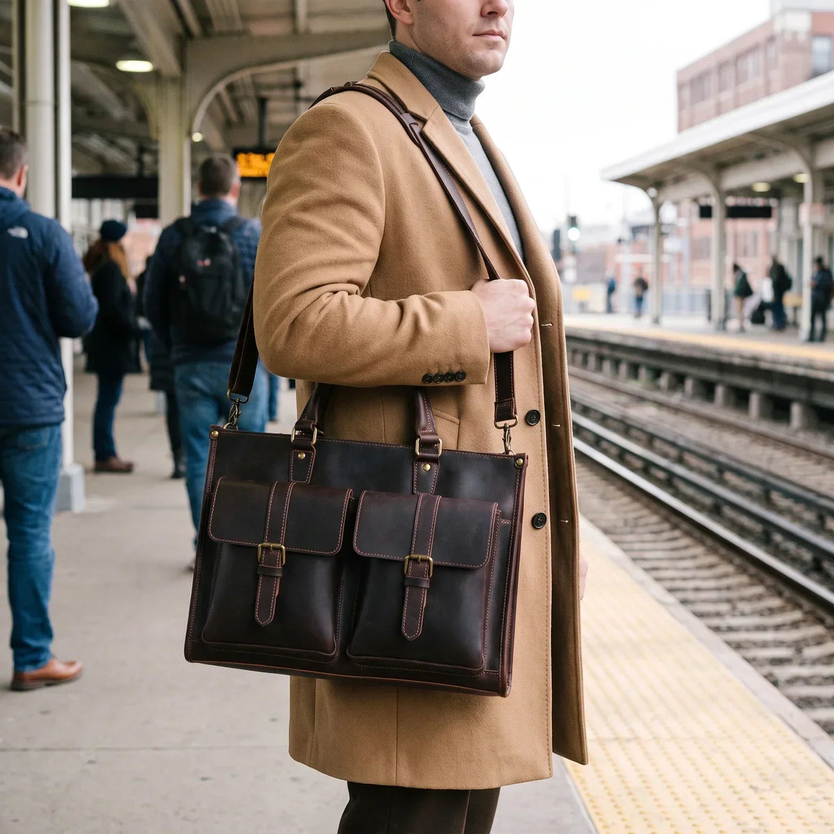 Men’s Leather Laptop Briefcase - Buckled Front Pockets Zip Top