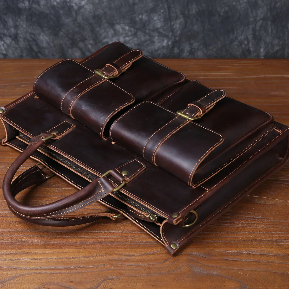 Men’s Leather Laptop Briefcase - Buckled Front Pockets Zip Top