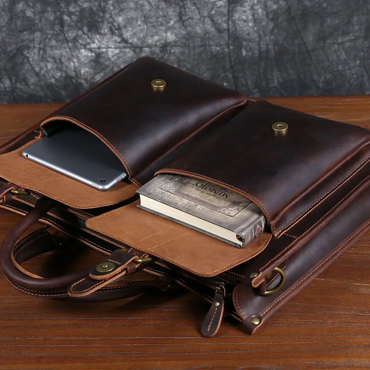 Men’s Leather Laptop Briefcase - Buckled Front Pockets Zip Top