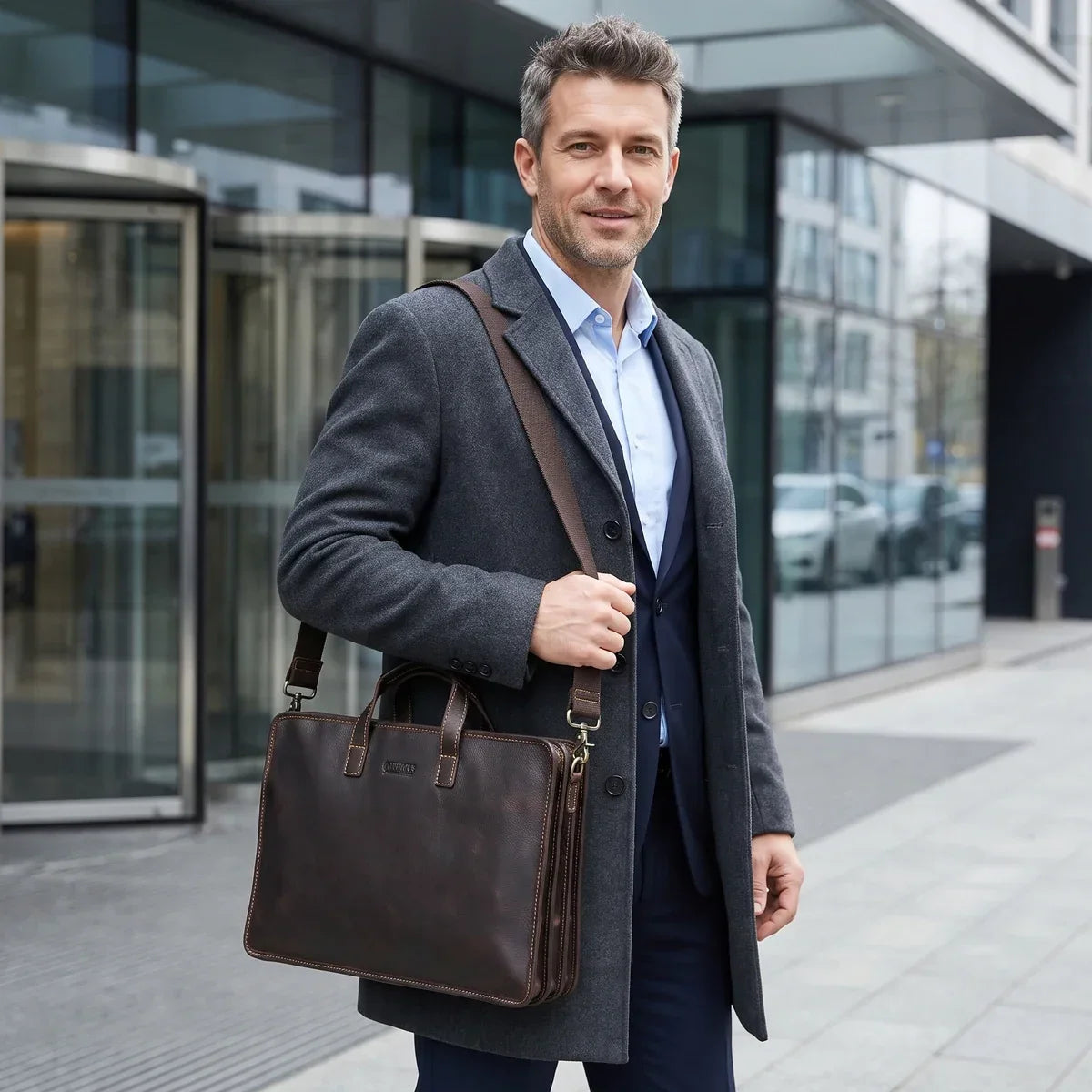 Men’s Leather Laptop Briefcase with 3 Zip Compartments for Work - Coffee