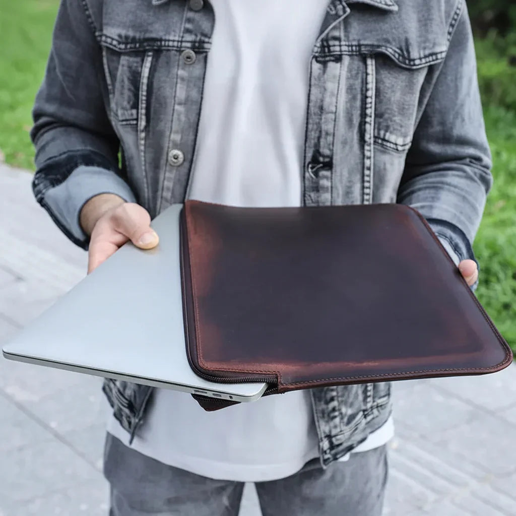 Men’s Leather Laptop Sleeve - Zip Case with Wrist Strap