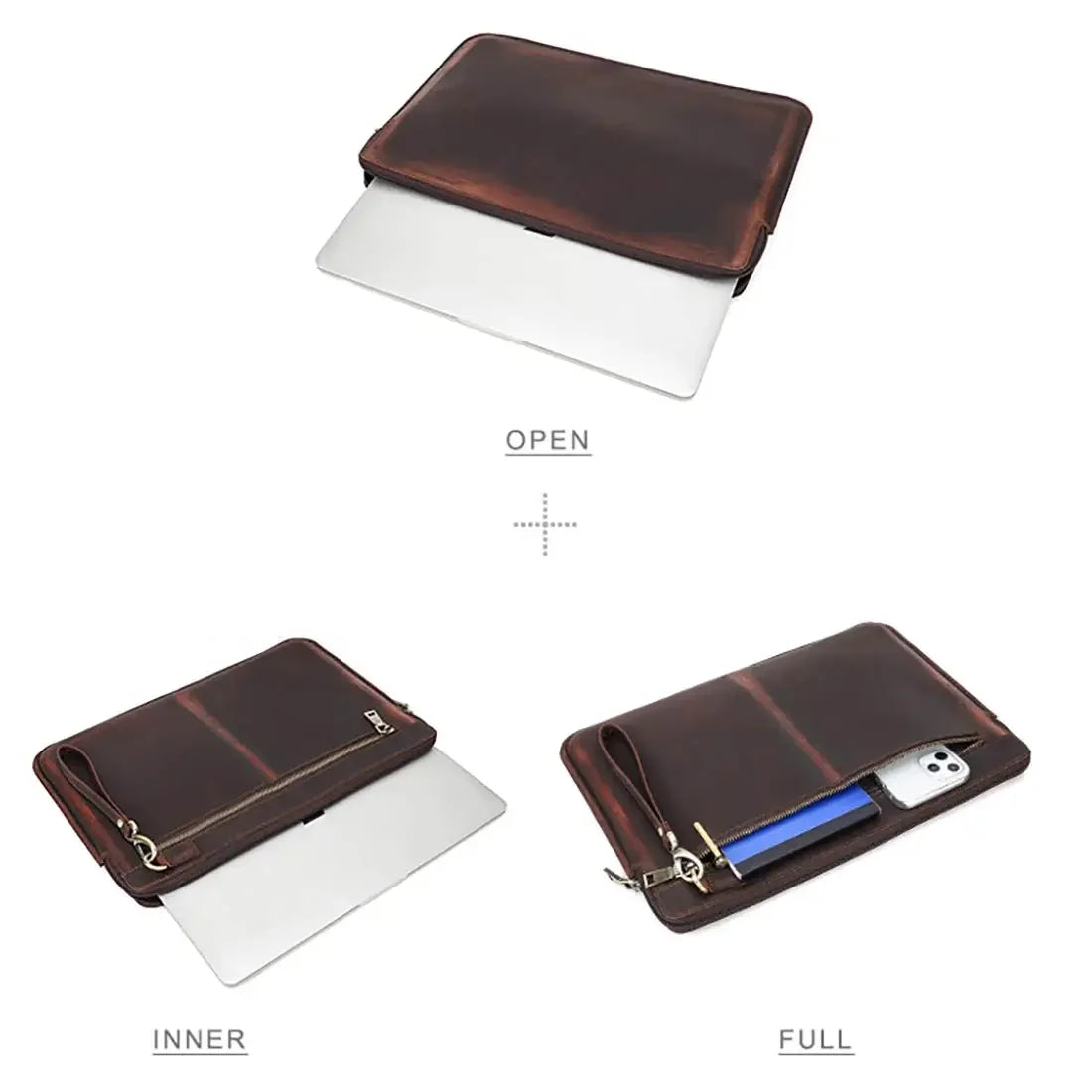 Men’s Leather Laptop Sleeve - Zip Case with Wrist Strap