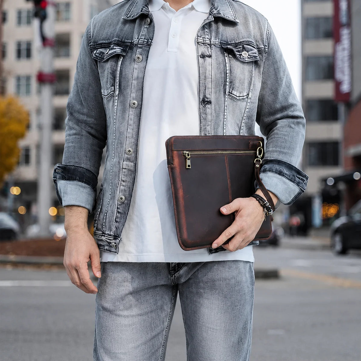 Men’s Leather Laptop Sleeve - Zip Case with Wrist Strap