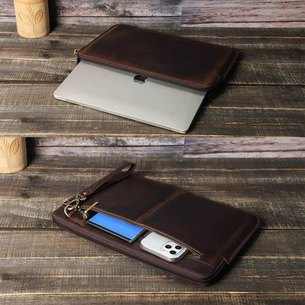 Men’s Leather Laptop Sleeve - Zip Case with Wrist Strap