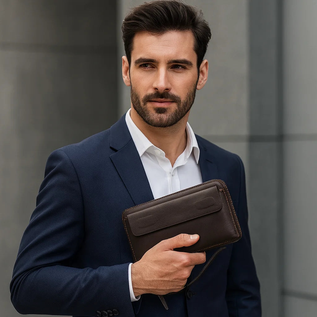 Men’s Leather Long Wallet - Zip Around Card Organizer