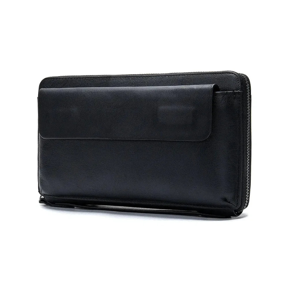 Men’s Leather Long Wallet - Zip Around Card Organizer - Black