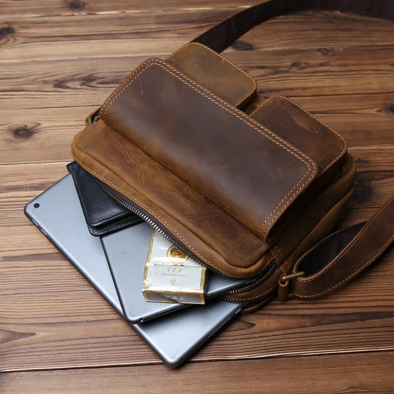 Men’s Leather Messenger Bag - Crazy Horse Multi-Pocket Carry