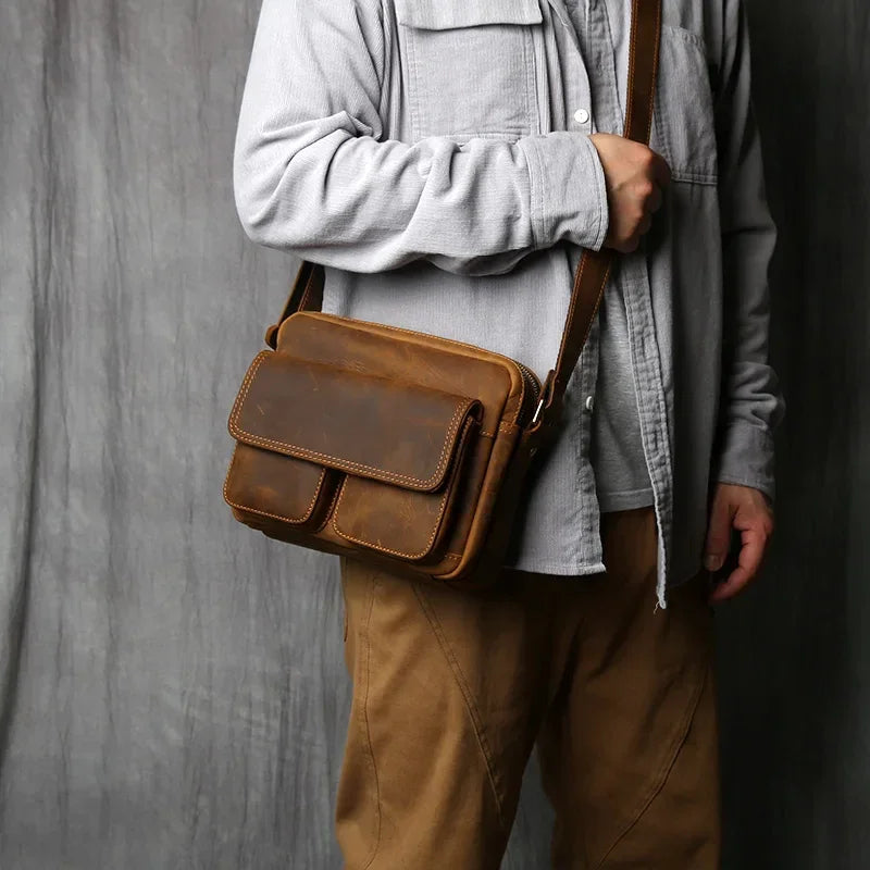 Men’s Leather Messenger Bag - Crazy Horse Multi-Pocket Carry