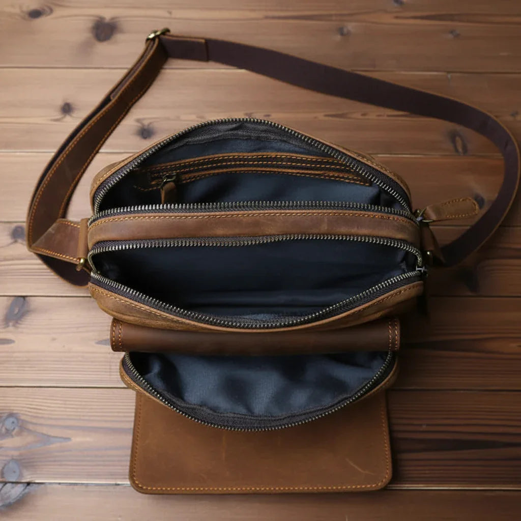 Men’s Leather Messenger Bag - Crazy Horse Multi-Pocket Carry