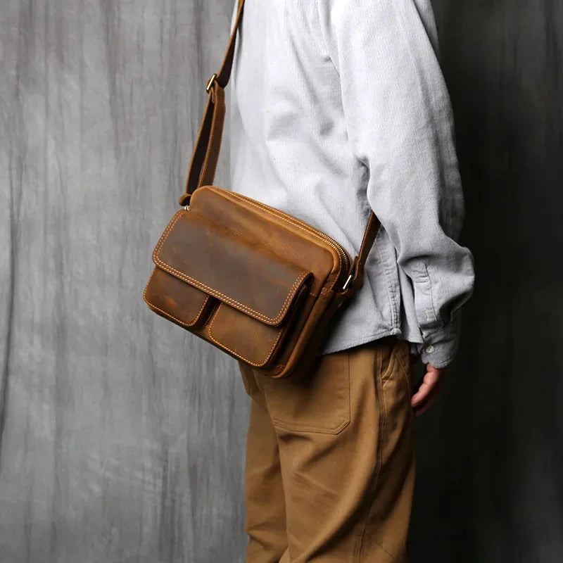 Men’s Leather Messenger Bag - Crazy Horse Multi-Pocket Carry