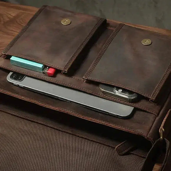 Men’s Leather Messenger Bag - Flap Front Pockets