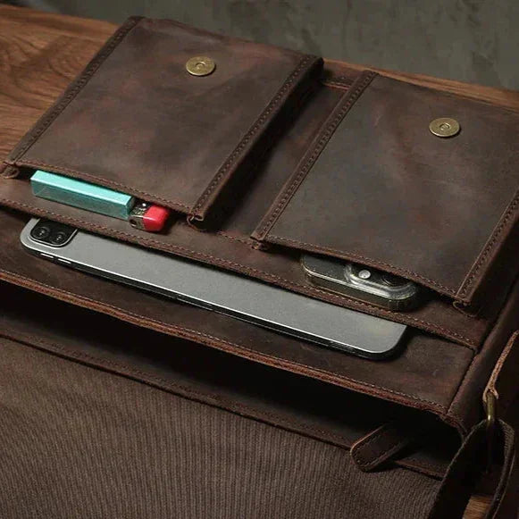 Men’s Leather Messenger Bag - Flap Front Pockets