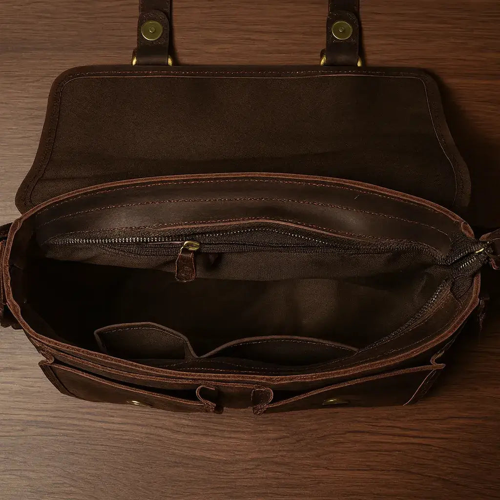 Men’s Leather Messenger Bag - Flap Front Pockets