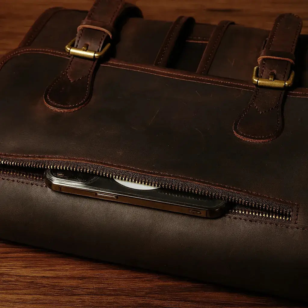 Men’s Leather Messenger Bag - Flap Front Pockets