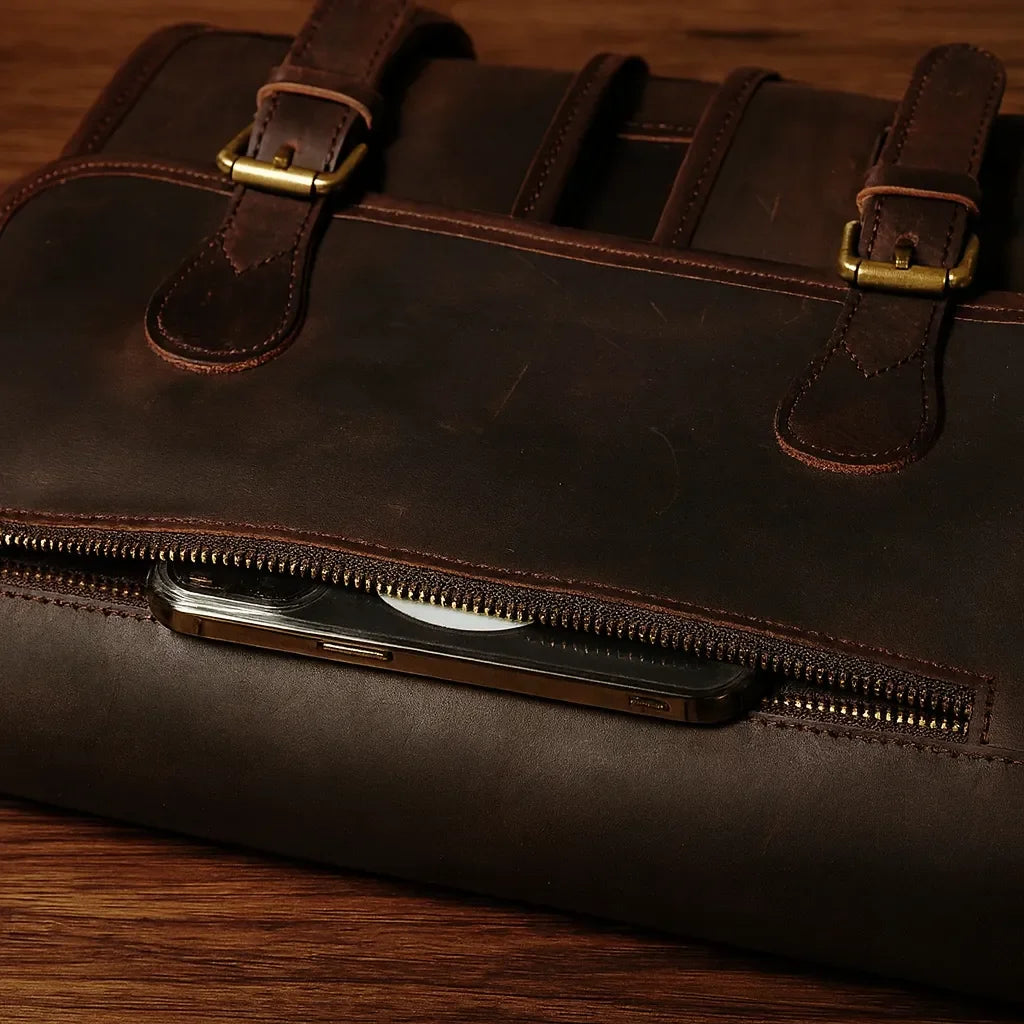 Men’s Leather Messenger Bag - Flap Front Pockets