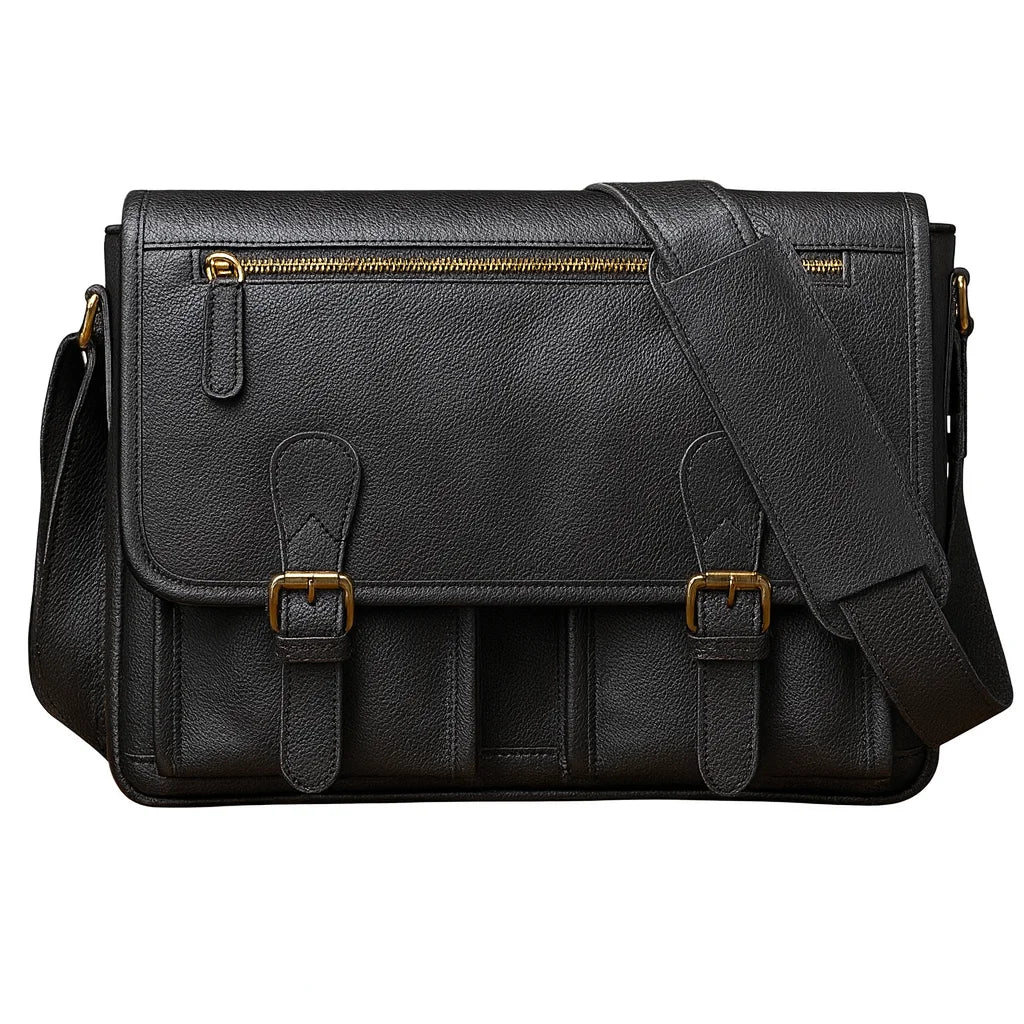 Men’s Leather Messenger Bag - Flap Front Pockets