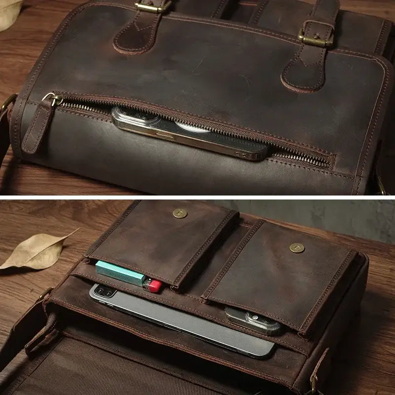 Men’s Leather Messenger Bag - Flap Front Pockets