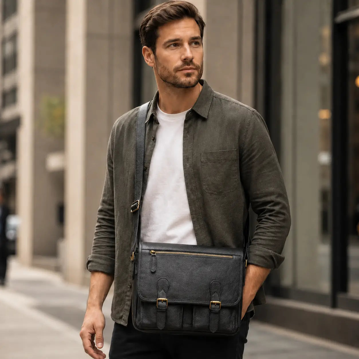 Men’s Leather Messenger Bag - Flap Front Pockets