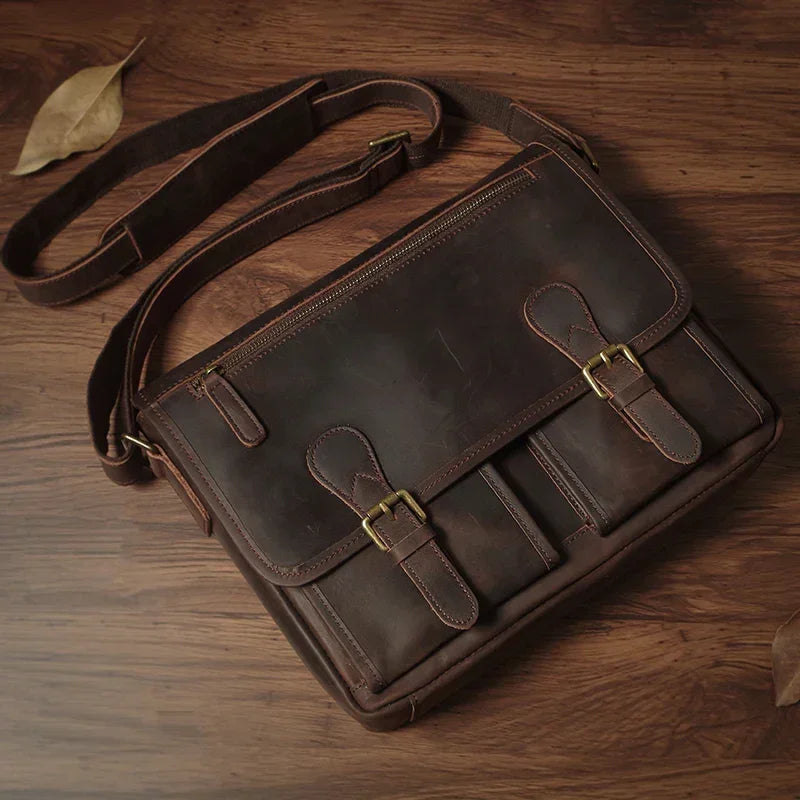 Men’s Leather Messenger Bag - Flap Front Pockets