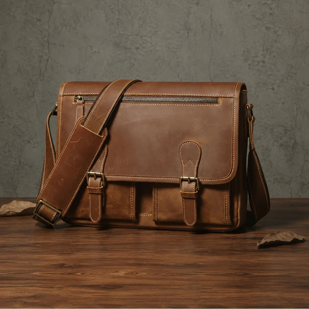 Men’s Leather Messenger Bag - Flap Front Pockets