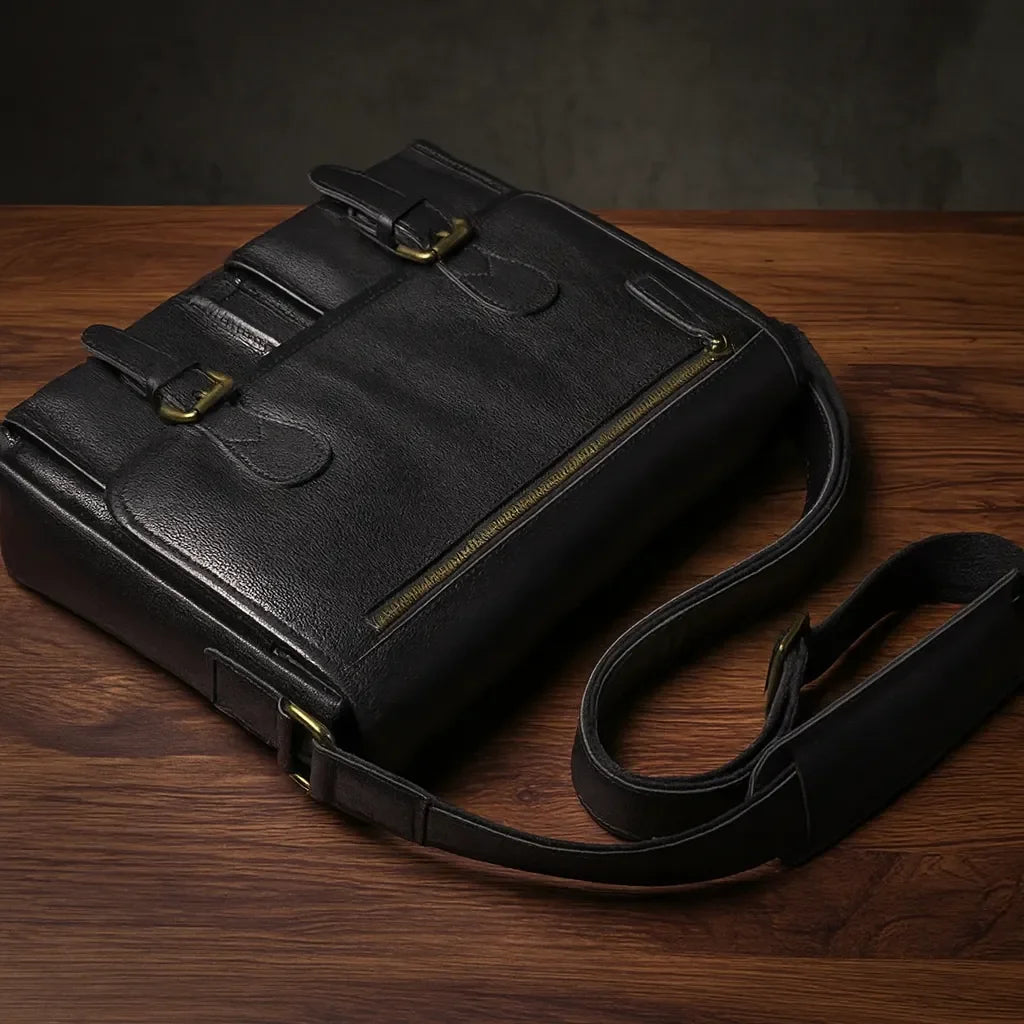 Men’s Leather Messenger Bag - Flap Front Pockets