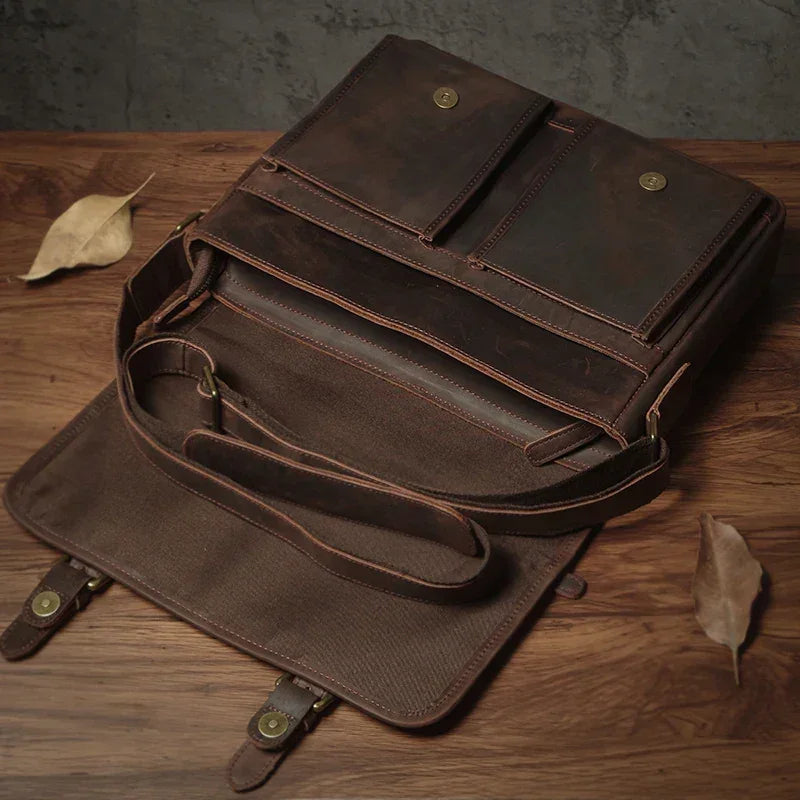 Men’s Leather Messenger Bag - Flap Front Pockets