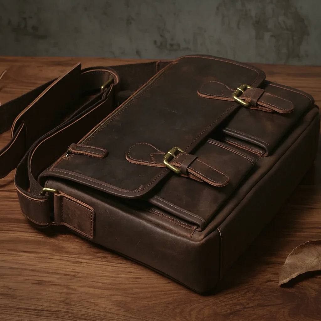 Men’s Leather Messenger Bag - Flap Front Pockets