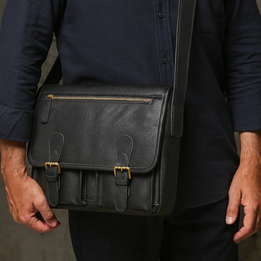 Men’s Leather Messenger Bag - Flap Front Pockets