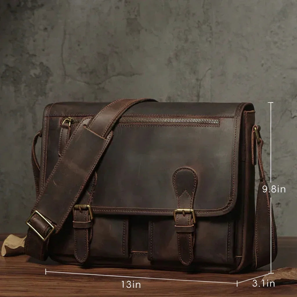 Men’s Leather Messenger Bag - Flap Front Pockets