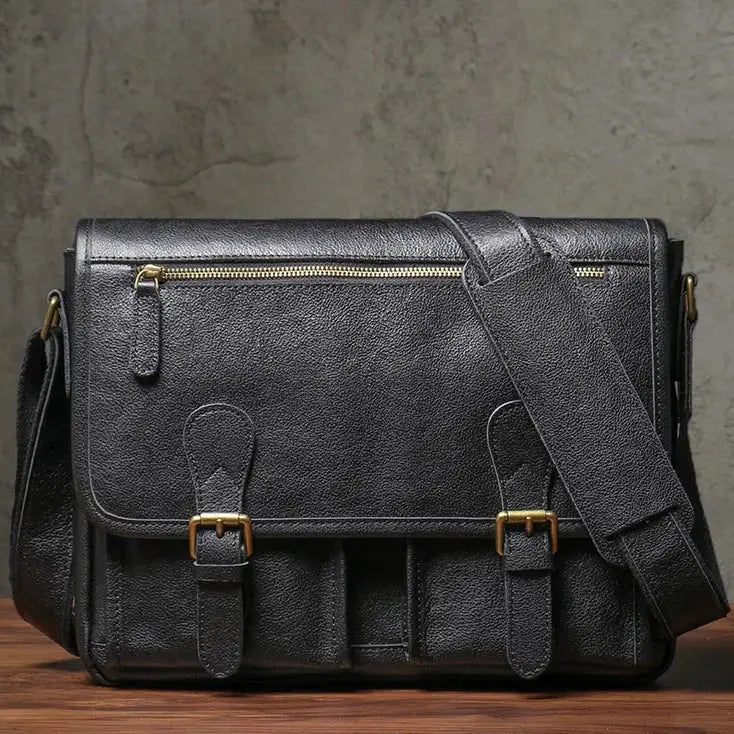 Men’s Leather Messenger Bag - Flap Front Pockets - Black