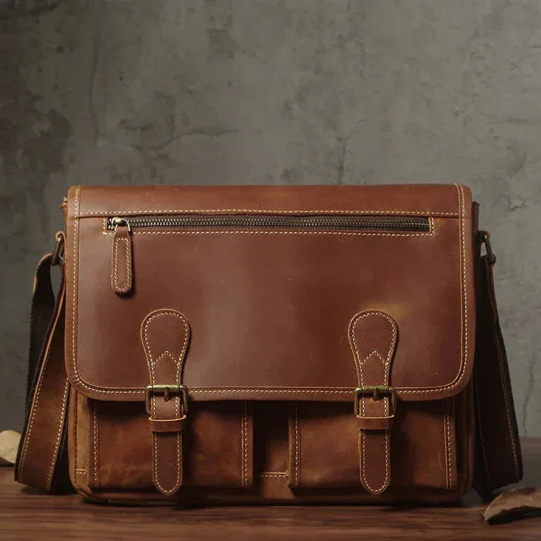 Men’s Leather Messenger Bag - Flap Front Pockets - Brown