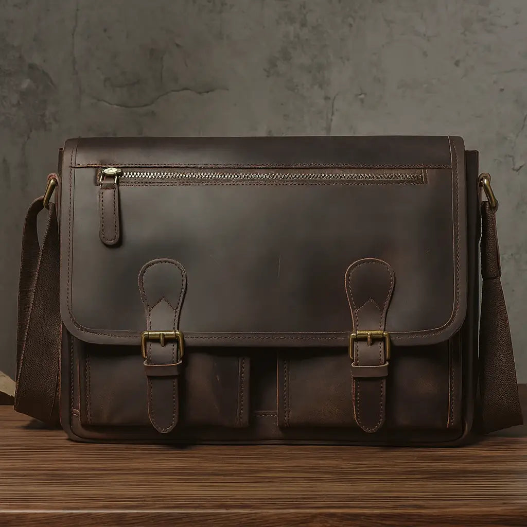 Men’s Leather Messenger Bag - Flap Front Pockets - Dark brown