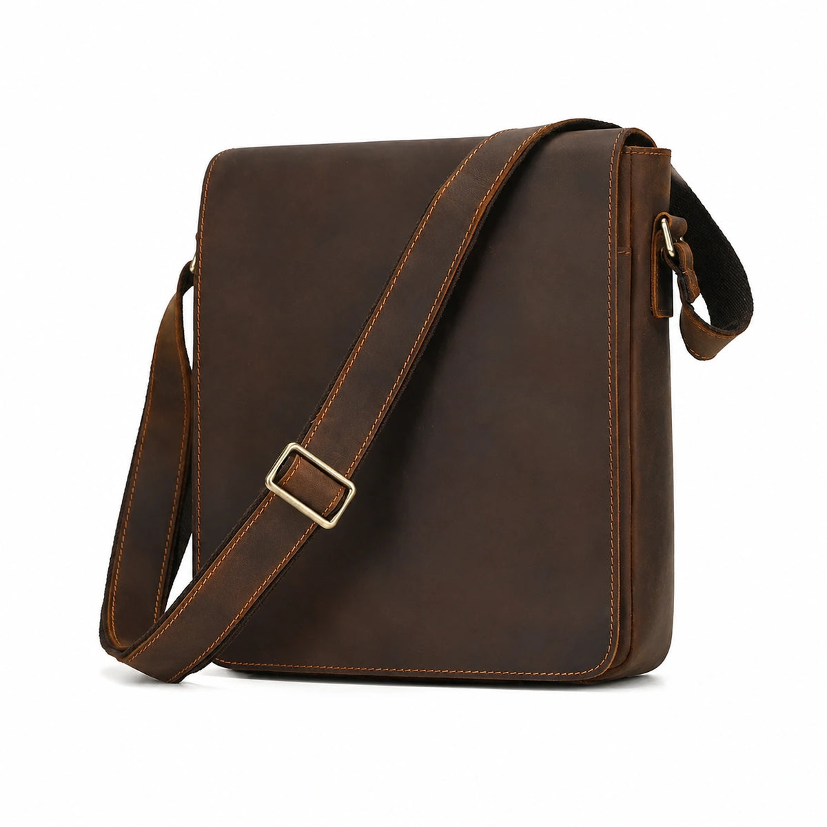 Men’s Leather Crossbody Bag - Vintage Buckle Flap Satchel - Brown