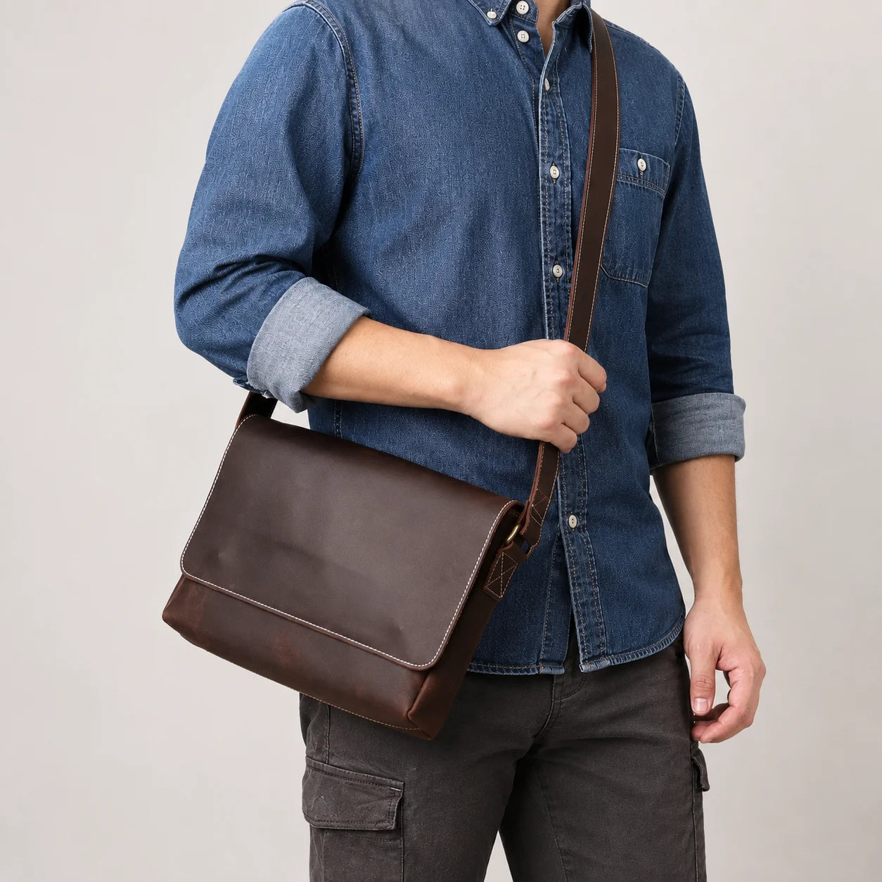 Men’s Leather Messenger Bag - Vintage Flap Work Bag