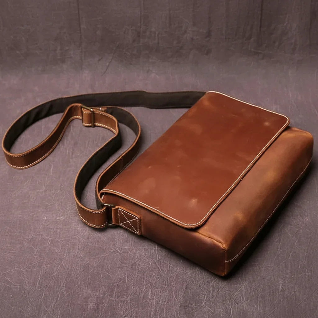 Men’s Leather Messenger Bag - Vintage Flap Work Bag