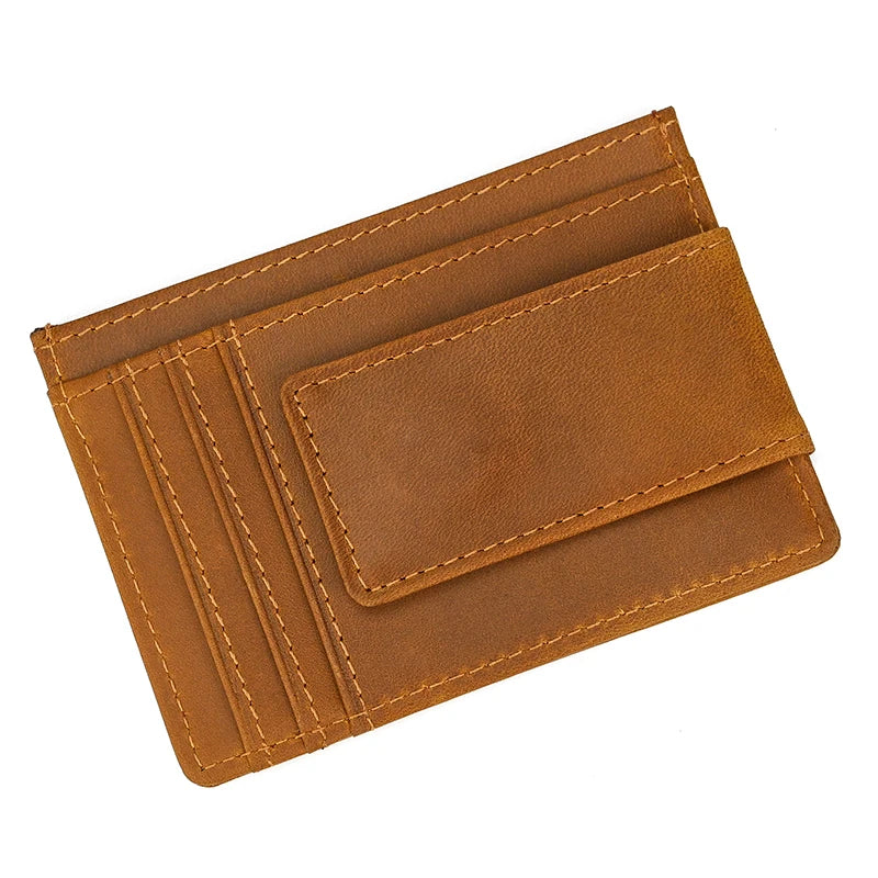 Brown leather wallet with card slots on a white background