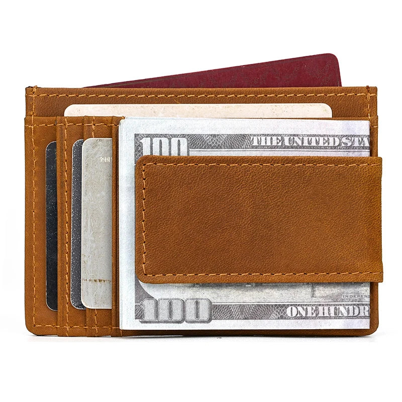 Brown leather wallet with money and cards on a white background