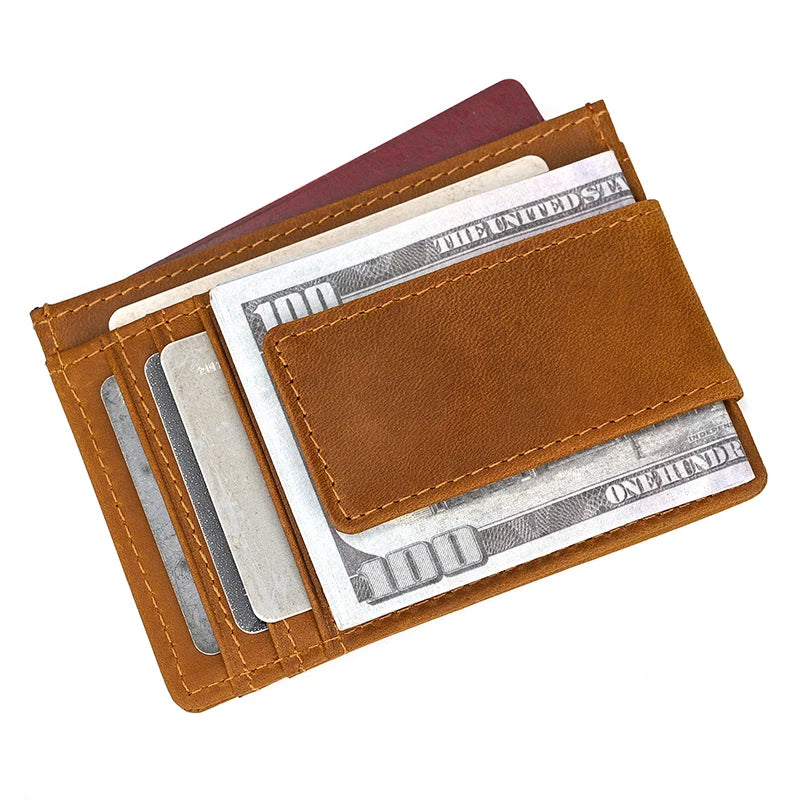 Brown leather wallet with money and cards on a white background