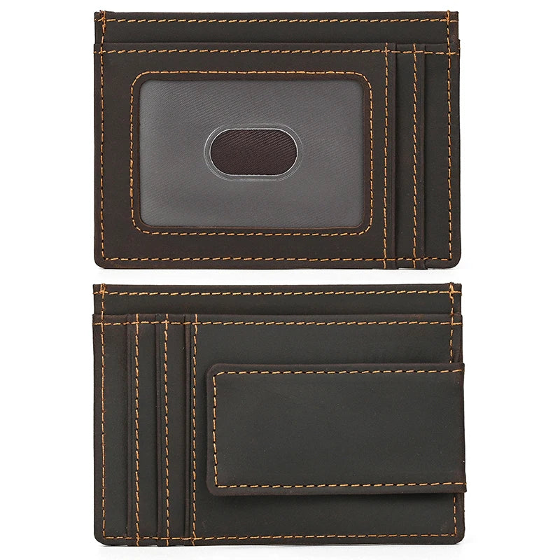 Two views of a brown leather wallet with stitching details on a white background