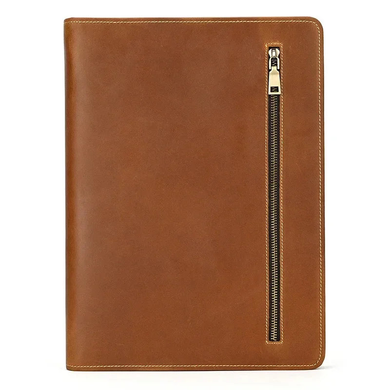 Men’s Leather Padfolio - Zip Around 3-Ring Binder - Light brown