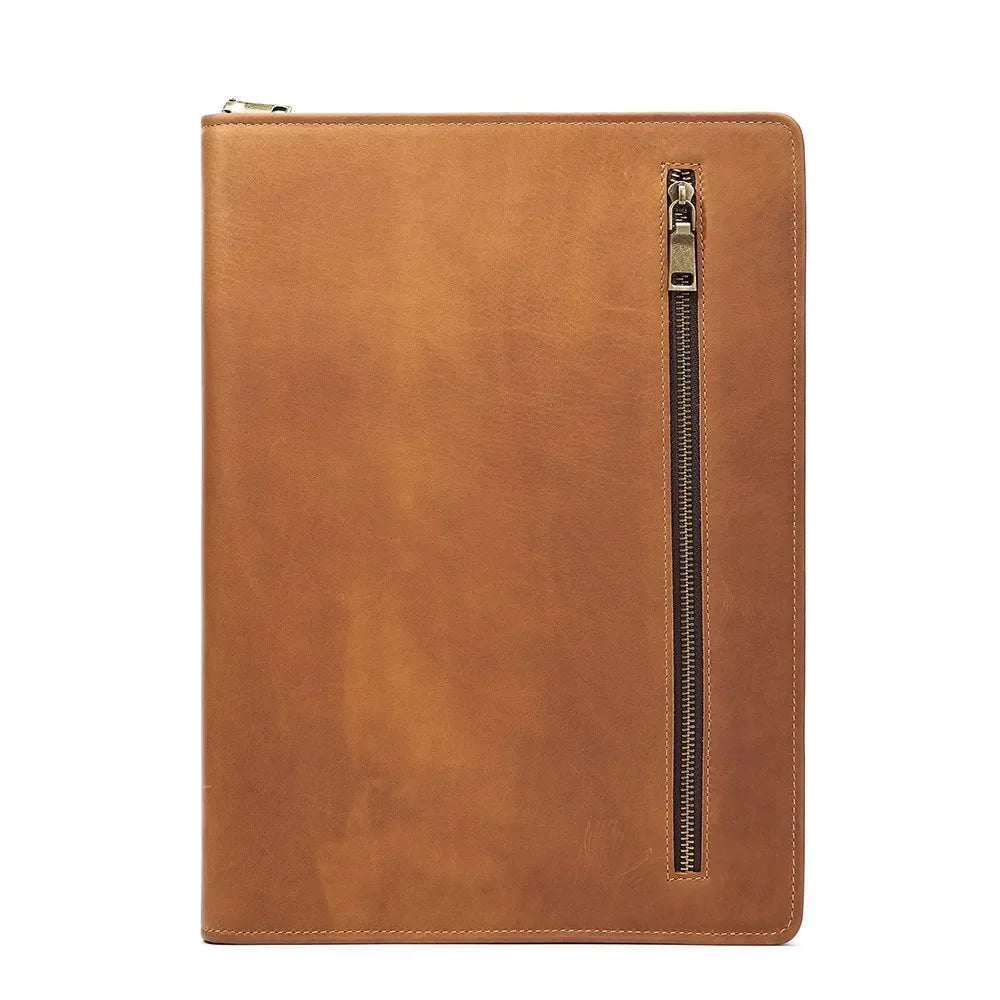 Men’s Leather Padfolio - Zippered Business Organizer - Light brown
