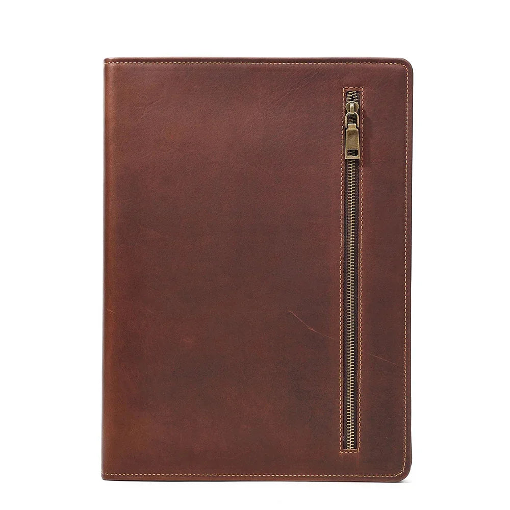 Men’s Leather Padfolio - Zippered Business Organizer - Marron
