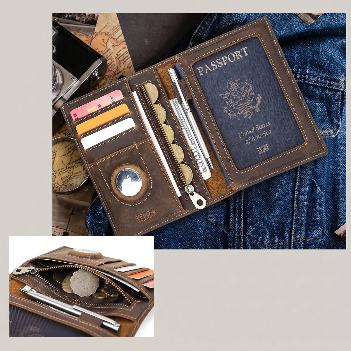 Men’s Leather Passport Holder - RFID Blocking Card & Coin Wallet