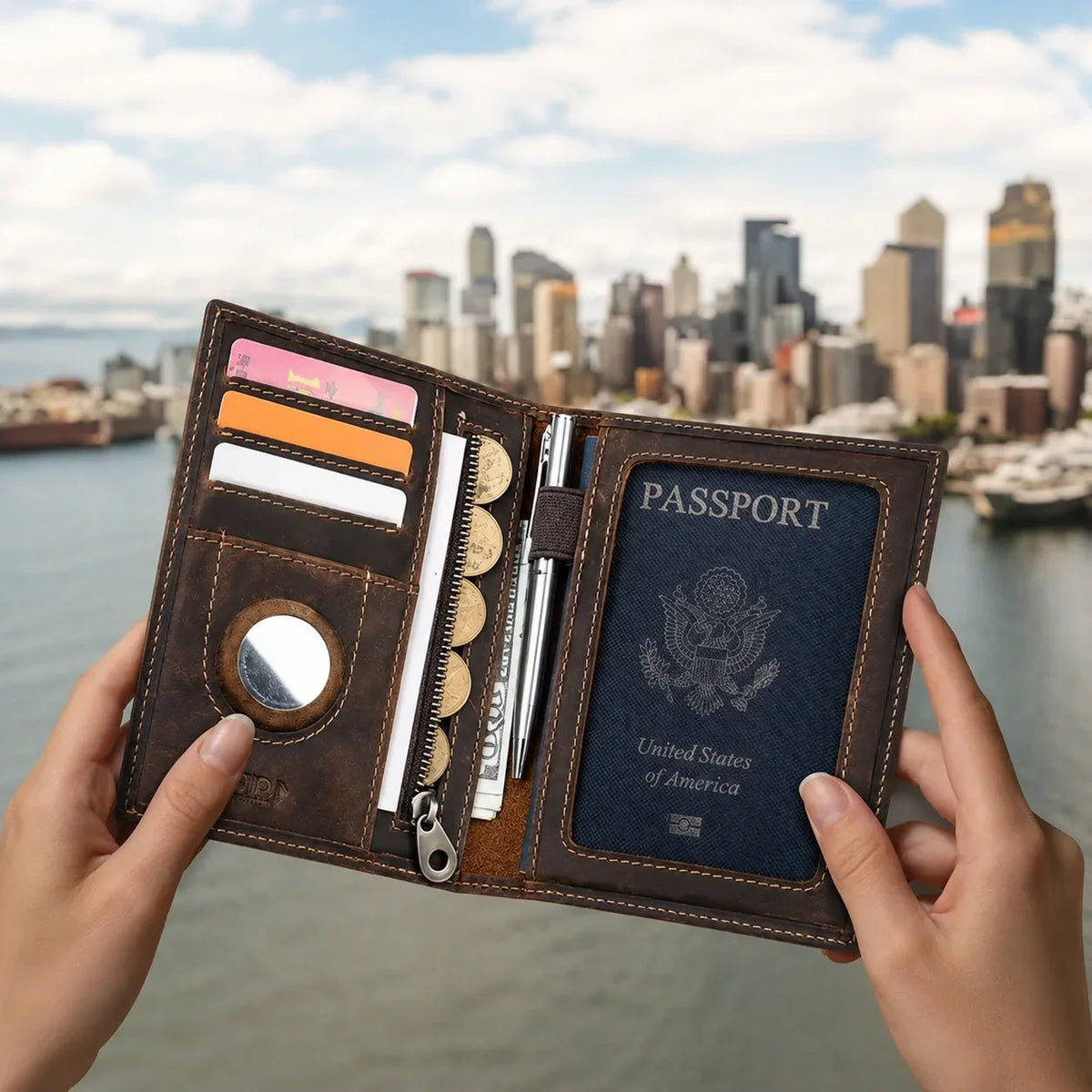 Men’s Leather Passport Holder - RFID Blocking Card & Coin Wallet