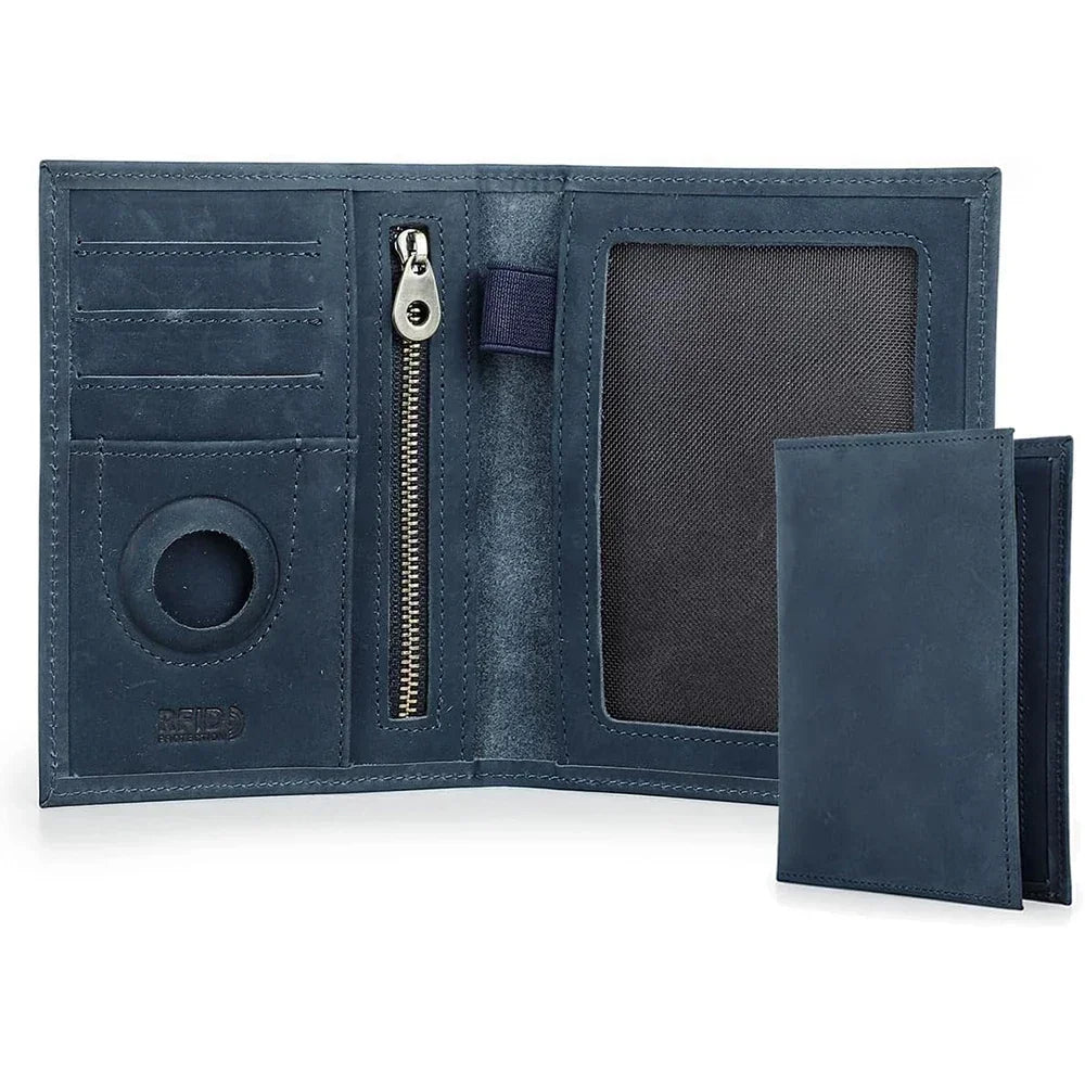 Men’s Leather Passport Holder - RFID Blocking Card & Coin Wallet - Blue
