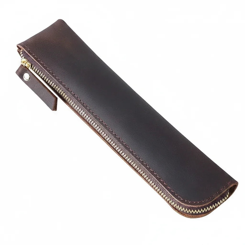 Men’s Leather Pen Case - Vintage Zip Pouch - Coffee
