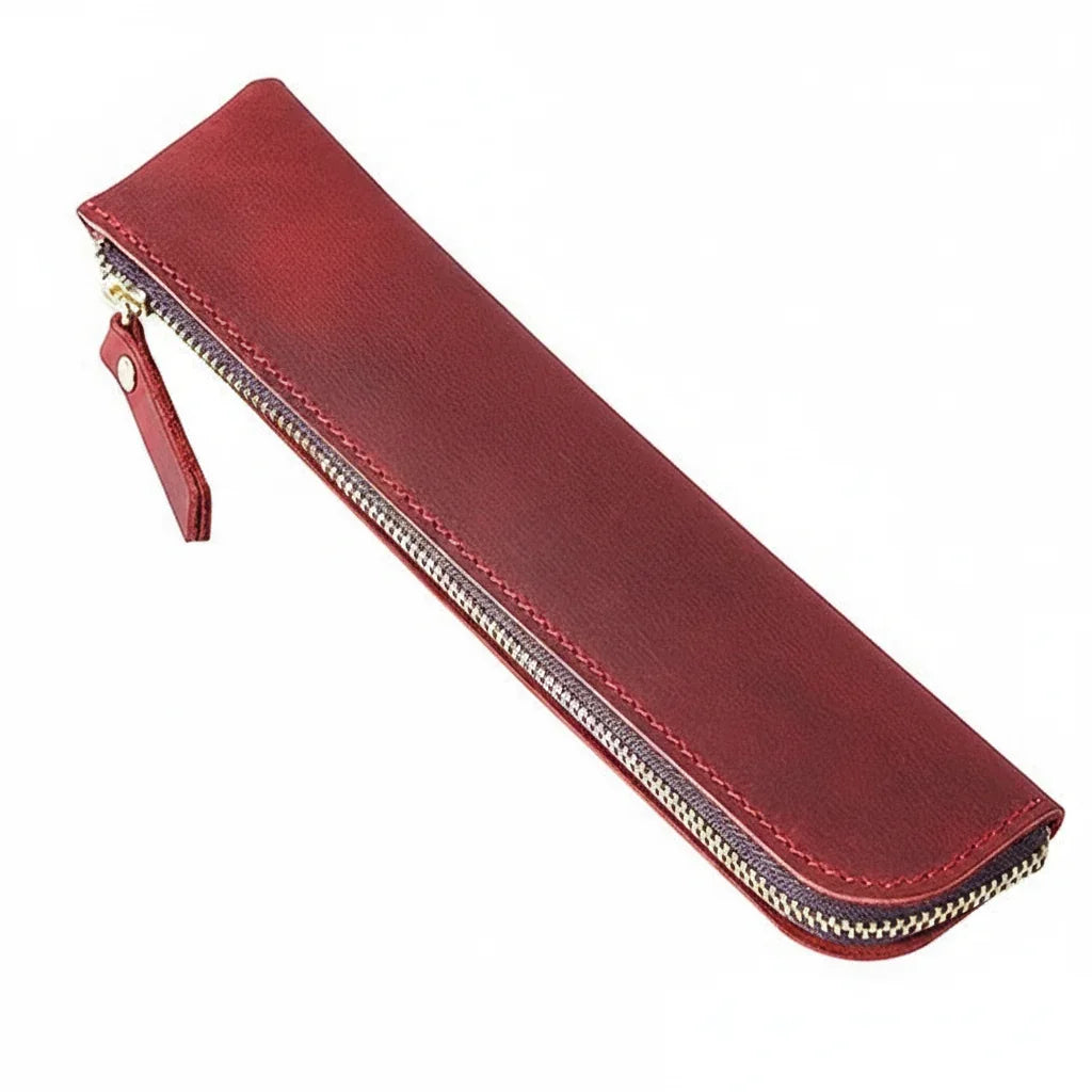Men’s Leather Pen Case - Vintage Zip Pouch - Red