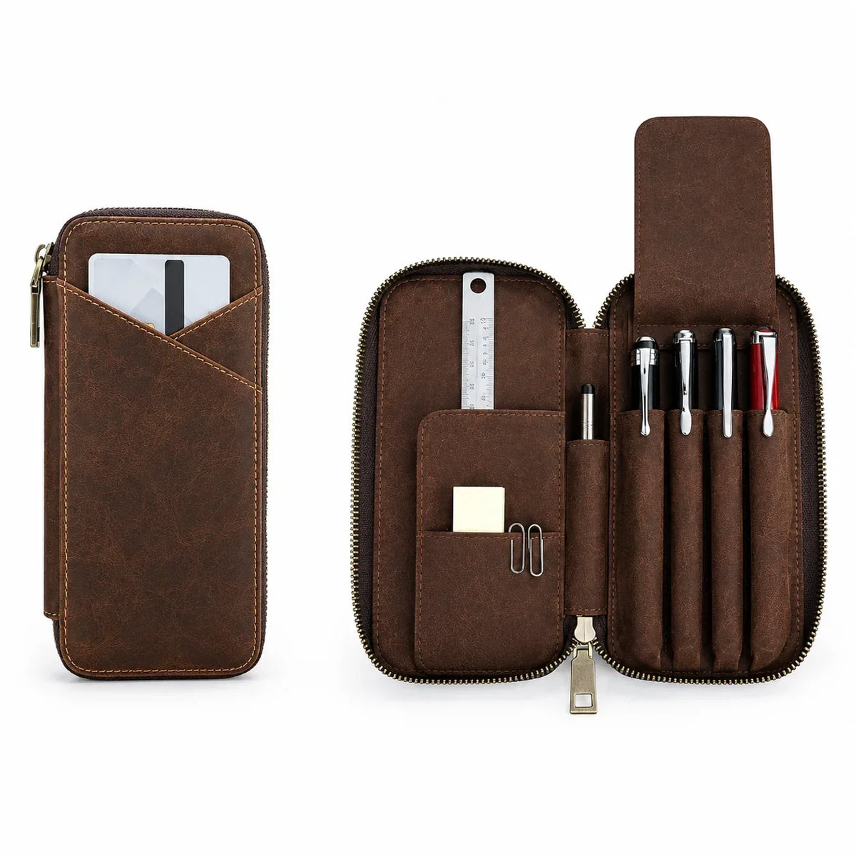 Men’s Leather Pencil Case - 4-Slot Zip Pouch with Card Holder